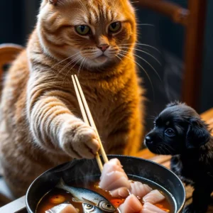 Image is a whimsical and humorous digital illustration featuring a large, fluffy orange tabby cat with distinct stripes and a serious expression, using a pair of golden chopsticks to pick up a piece of raw fish from a steaming bowl of soup. The cat's fur is vibrant and detailed, with a soft texture. Next to the cat, a small black puppy with shiny fur and curious eyes looks up at the cat, adding a playful element to the scene. The bowl is filled with a rich, red broth and contains whole fish and chunks of raw fish, emitting steam that suggests warmth. The setting appears to be a wooden table with a rustic feel, and the background is softly blurred, focusing attention on the cat and puppy. The overall composition is balanced and engaging, with a touch of humour and charm.