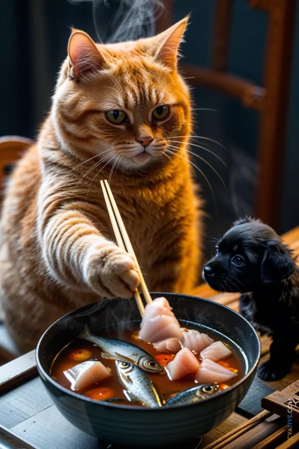 Image is a whimsical and humorous digital illustration featuring a large, fluffy orange tabby cat with distinct stripes and a serious expression, using a pair of golden chopsticks to pick up a piece of raw fish from a steaming bowl of soup. The cat's fur is vibrant and detailed, with a soft texture. Next to the cat, a small black puppy with shiny fur and curious eyes looks up at the cat, adding a playful element to the scene. The bowl is filled with a rich, red broth and contains whole fish and chunks of raw fish, emitting steam that suggests warmth. The setting appears to be a wooden table with a rustic feel, and the background is softly blurred, focusing attention on the cat and puppy. The overall composition is balanced and engaging, with a touch of humour and charm.