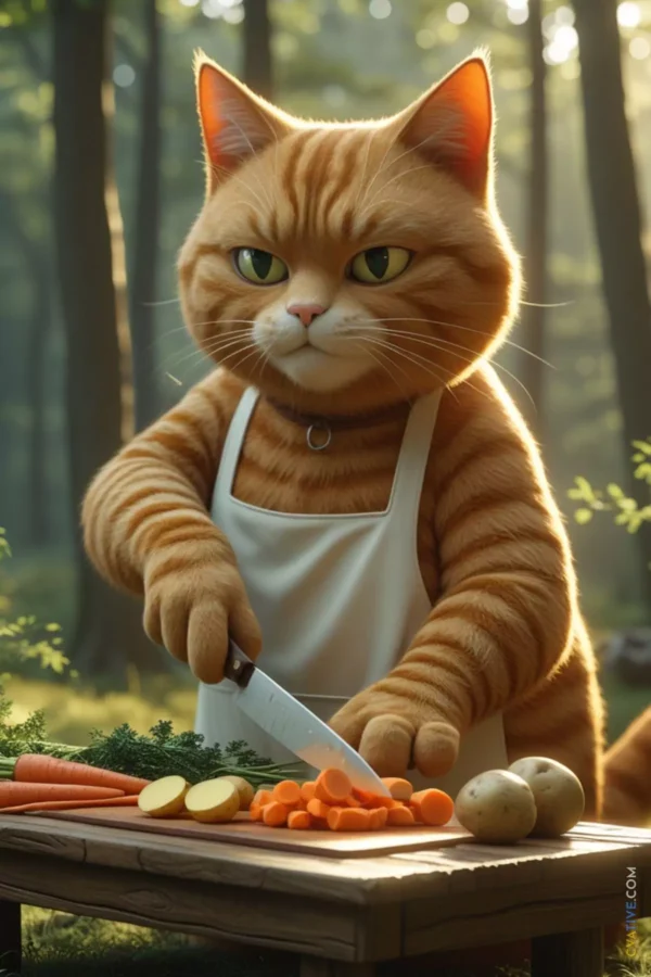 Image is a digital illustration featuring an anthropomorphic orange tabby cat with distinct stripes, standing upright in a forest setting. The cat has large, expressive green eyes and a serious expression, wearing a white apron. It is engaged in chopping vegetables, including carrots and potatoes, on a wooden table. The background is a sunlit forest with soft, diffused light filtering through the trees, creating a serene atmosphere. The cat's fur is detailed, with a realistic texture, and the overall color palette is warm and natural, enhancing the woodland theme. The image conveys a whimsical and charming scene, blending elements of fantasy and realism.