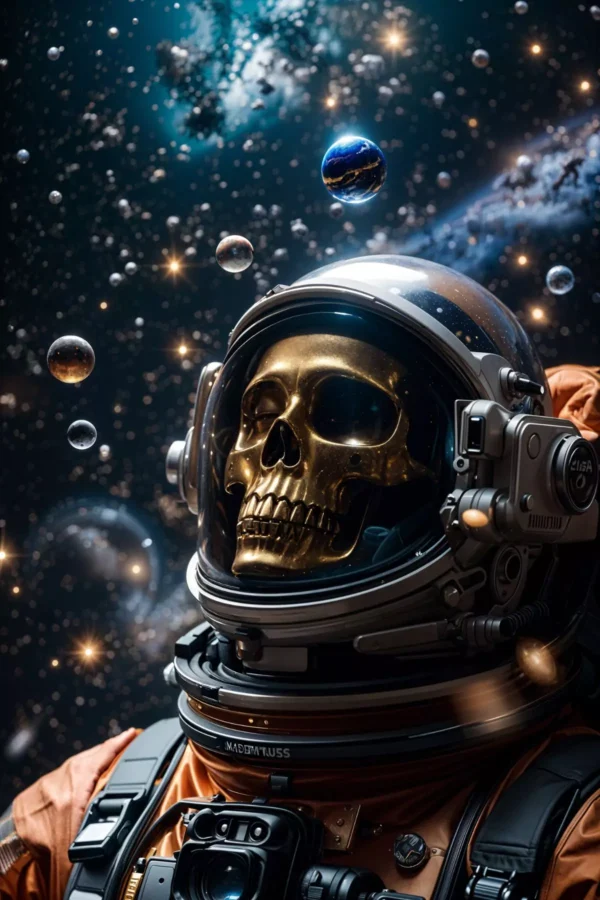 Image is a digital artwork featuring a futuristic and surreal style. It depicts an astronaut in a detailed, high-tech space suit with a prominent orange hue. The helmet is transparent, revealing a metallic gold skull inside, creating a striking contrast. The background is a cosmic scene filled with swirling galaxies, stars, and floating planets, enhancing the otherworldly atmosphere. The suit is equipped with various gadgets and a camera mounted on the chest. The overall composition is dynamic, with a sense of depth created by the floating celestial objects and the intricate details of the astronaut's gear.