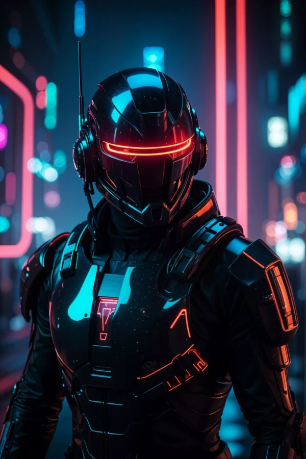 Image is a digital artwork featuring a futuristic, armoured figure standing in a neon-lit urban environment. The subject is wearing a sleek, black, high-tech suit with glowing red and blue accents, including a helmet with a horizontal red visor that emits a bright light. The helmet is equipped with an antenna on the side, adding to the sci-fi aesthetic. The background is a blurred cityscape with vibrant neon lights in shades of pink, blue, and purple, creating a cyberpunk atmosphere. The overall composition is dynamic, with the figure positioned slightly off-centre, enhancing the sense of depth and immersion in the scene.