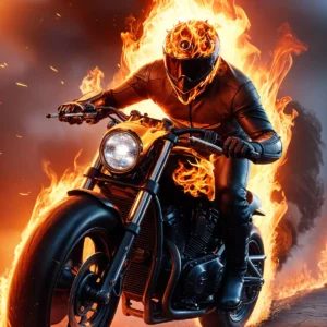 Image is a dynamic and stylized digital illustration featuring a motorcyclist engulfed in flames, riding a powerful black motorcycle. The rider is wearing a black leather suit and a helmet that is also ablaze, with flames vividly depicted in bright orange and yellow hues. The background is a dramatic, smoky sky with a cracked, fiery road beneath the motorcycle, enhancing the intense and action-packed atmosphere. The flames are artistically rendered, creating a sense of motion and energy. The overall composition is bold and visually striking, with a focus on the contrast between the dark tones of the motorcycle and the vibrant flames.