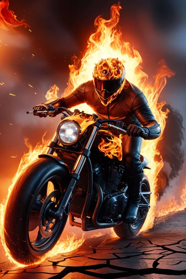 Image is a dynamic and stylized digital illustration featuring a motorcyclist engulfed in flames, riding a powerful black motorcycle. The rider is wearing a black leather suit and a helmet that is also ablaze, with flames vividly depicted in bright orange and yellow hues. The background is a dramatic, smoky sky with a cracked, fiery road beneath the motorcycle, enhancing the intense and action-packed atmosphere. The flames are artistically rendered, creating a sense of motion and energy. The overall composition is bold and visually striking, with a focus on the contrast between the dark tones of the motorcycle and the vibrant flames.