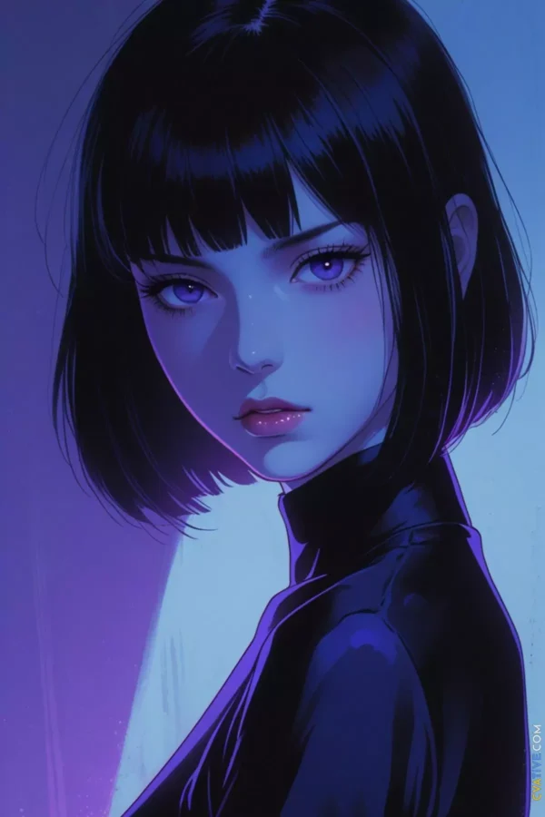 Image is a digital illustration in an anime style, featuring a close-up portrait of a young woman with a striking appearance. She has a pale complexion and large, expressive purple eyes that stand out against her smooth skin. Her hair is short, black, and styled in a sleek bob with blunt bangs framing her face. The lighting is dramatic, with a cool blue and purple color palette that casts soft shadows and highlights her features. She is wearing a high-collared, black garment that adds to the overall mysterious and elegant aesthetic. The background is a gradient of blue and purple, enhancing the ethereal and otherworldly atmosphere of the image. In the bottom right corner, there is a small, vertical text logo in white and blue, adding a subtle branding element to the artwork.