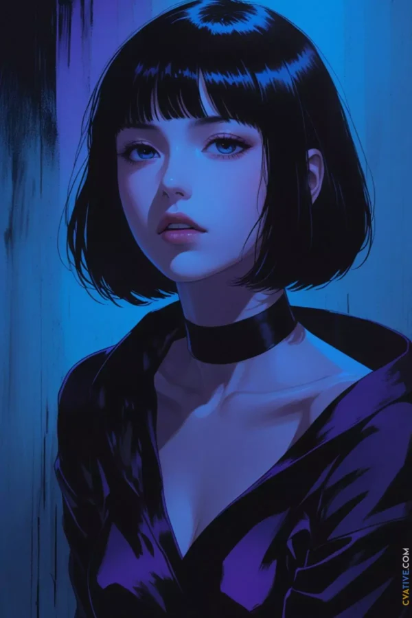 Image is a digital illustration featuring a young woman with a striking appearance. She has a pale complexion and a sleek, black bob haircut with blunt bangs. Her eyes are large and expressive, with a subtle hint of purple eyeshadow that complements her overall look. She wears a black choker and a deep purple, off-shoulder top that adds to the dramatic effect of the image. The background is a gradient of deep blue and black, enhancing the moody and mysterious atmosphere. The lighting casts a soft glow on her face, highlighting her features. In the bottom right corner, there is a small, vertical text logo in white, reading 'CVATIVE.COM'.