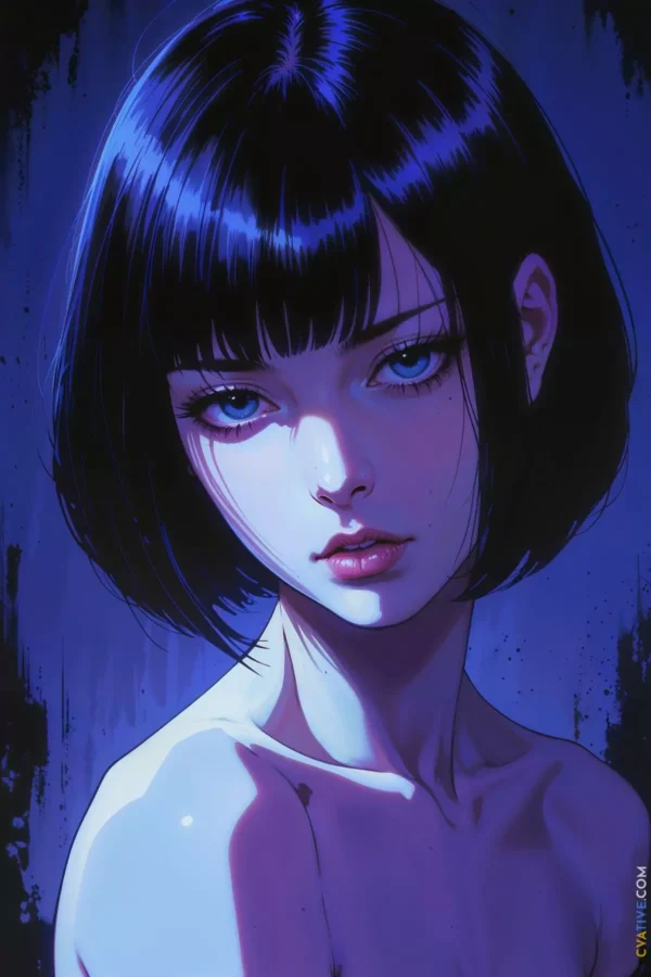 Image is a digital illustration featuring a stylized portrait of a young woman with a striking, intense gaze. Her skin is pale with a smooth texture, and she has a short, sleek bob haircut with dark hair. The lighting casts a cool blue hue across her face and shoulders, creating a dramatic and moody atmosphere. Her eyes are large and expressive, with a hint of reflection, and her lips are slightly parted, adding to the enigmatic expression. The background is a deep blue, enhancing the overall cool tone of the image. In the bottom right corner, there is a small, vertical text logo in yellow, reading 'CVATIVE.COM'. The overall composition is centered, focusing on the subject's face and upper shoulders, with a minimalist and modern aesthetic.