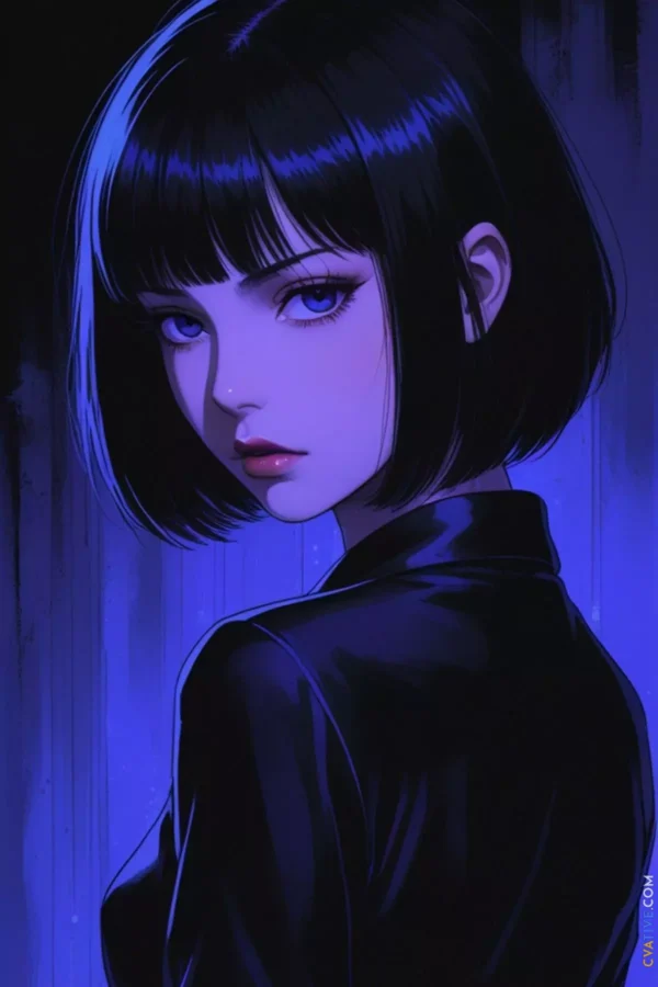 Image is a digital illustration featuring a stylized portrait of a woman with a striking, anime-inspired aesthetic. The subject has a pale complexion and sharp, defined facial features, including large, expressive purple eyes and full lips. Her hair is a sleek, glossy black bob with blunt bangs, complementing her intense gaze. She is wearing a shiny, black leather jacket that reflects the cool blue lighting, adding to the dramatic and moody atmosphere. The background is a gradient of deep blues and blacks, enhancing the overall mysterious and captivating vibe. In the bottom right corner, there is a small, vertical text logo in white, reading 'CVATIVECOM.' The composition is focused on the subject's face and upper body, with a three-quarter view that emphasizes her enigmatic expression.