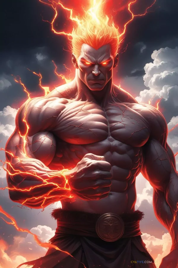 a stunning, highly detailed illustration of a muscular, humanoid figure with an ethereal, luminescent aura, radiating vibrant, crimson energy that crackles through their skin, as if their body is a vessel for an explosive, fiery power, their clenched fists glowing with an intense, inner light, set against a dark, foreboding sky with clouds that seem to swirl in turmoil, reflecting the figure's intense, brooding expression, with eyebrows furrowed, eyes blazing like hot coals, and a tight, determined jawline, every muscle tensed, as if on the verge of unleashing a maelstrom of energy, in an ultra-high resolution, best-quality image with razor-sharp lines, intricate textures, and a rich, dynamic colour palette.