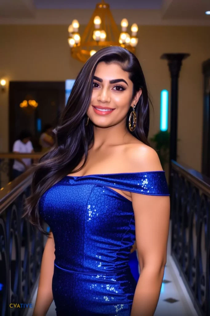 Image is a portrait-style photograph featuring a woman with long, wavy black hair and a warm smile. She has a medium skin tone and is wearing a shimmering, off-the-shoulder blue dress that reflects light, adding a sparkling effect. Her makeup is elegantly done, with defined eyebrows and a subtle lip color. She accessorizes with large, gold hoop earrings. The background shows a softly lit interior with a chandelier and decorative railings, suggesting a formal or elegant setting. The lighting highlights her features, creating a polished and sophisticated look.