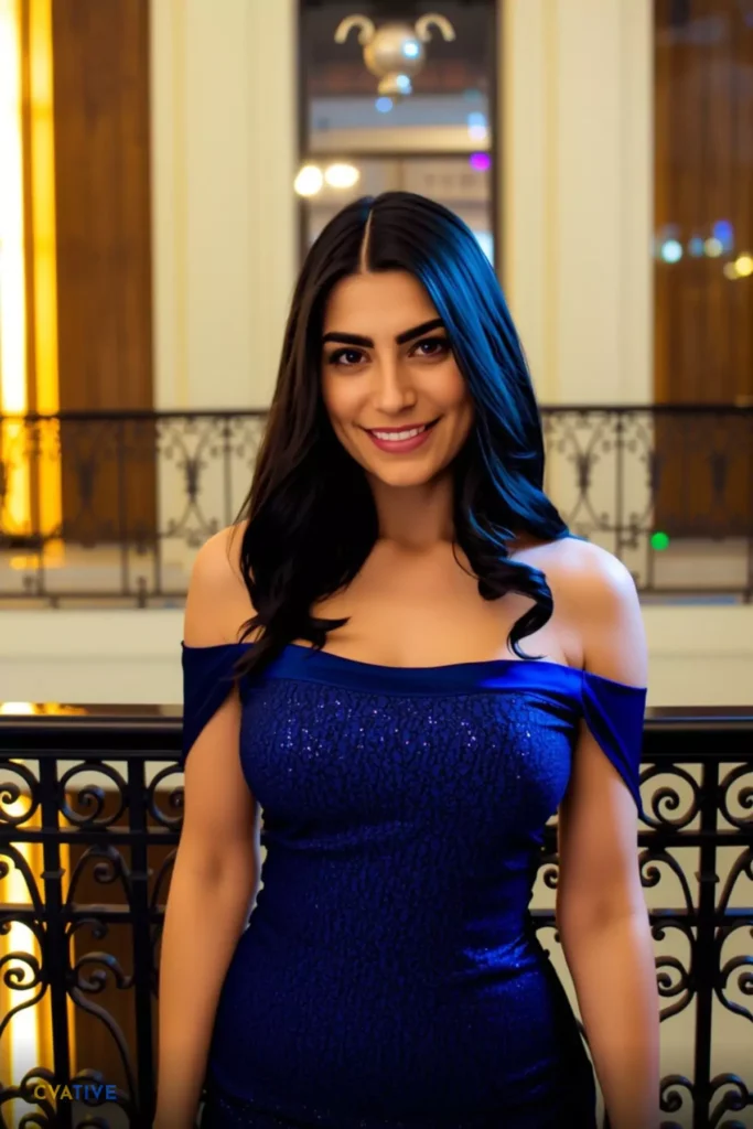 Image is a portrait-style photograph featuring a woman standing indoors. She has long, dark hair styled in loose waves, and her skin is a warm, medium tone. She is wearing an off-the-shoulder, deep blue sequined dress that fits closely to her body. The background shows an ornate interior with a decorative railing and warm lighting, suggesting an elegant setting. The lighting highlights her facial features, including a bright smile and dark eyes. In the bottom left corner, there is a logo with the word 'Cvative' in a modern, sans-serif font, coloured in a gradient of blue and orange.