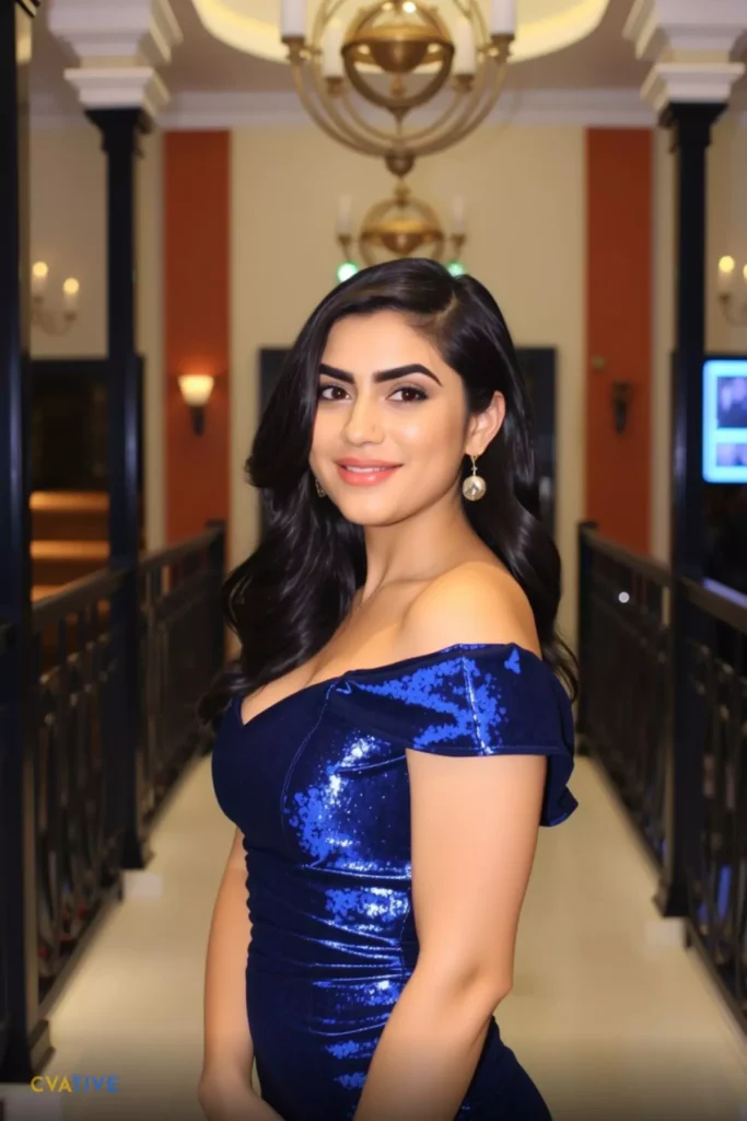Image is a portrait-style photograph featuring a woman standing in a well-lit hallway. The layout is vertical, focusing on the subject who is positioned slightly to the left. She has long, wavy black hair and is wearing a form-fitting, off-the-shoulder blue sequined dress. Her skin is a warm, medium tone, and she has a confident smile with subtle makeup accentuating her features. She is accessorized with dangling earrings. The background shows a symmetrical hallway with white columns, black railings, and warm lighting fixtures, creating an elegant ambiance. A logo in the bottom left corner reads 'CVATIVE' in a gradient of blue to orange.