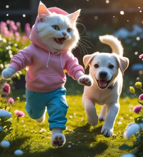 Image is a vibrant, digitally rendered scene featuring an anthropomorphic white cat and a playful puppy. The cat, with expressive eyes and a wide smile, is wearing a pink hoodie and blue pants, running energetically on a lush green lawn. The puppy, with a light brown coat and a joyful expression, runs alongside the cat. The background is filled with blooming flowers and a soft, warm light filtering through, creating a cheerful and lively atmosphere. The image has a whimsical and cartoonish style, capturing a sense of fun and adventure. In the bottom right corner, there is a small, white text logo that reads 'cvative.com'.